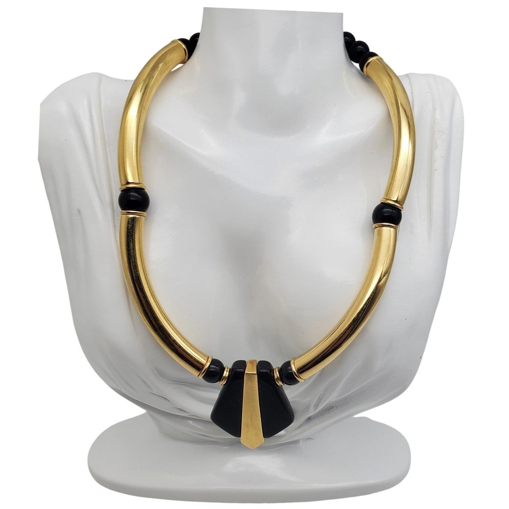 Avon Choker Necklace‎ Gold Black Deco Style Modern Elegance Bib Collar Vtg 1980s